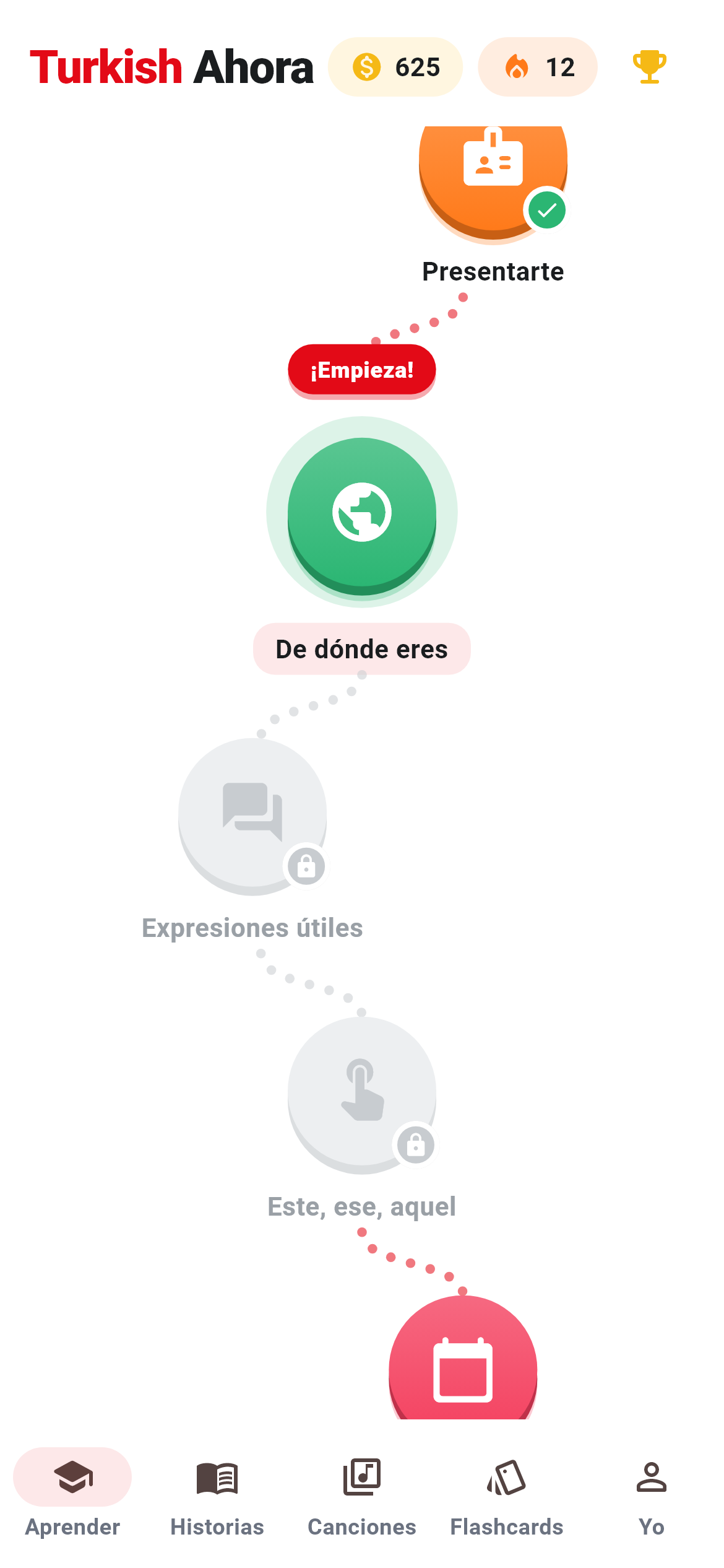 Pantalla Aprender: el camino de lecciones