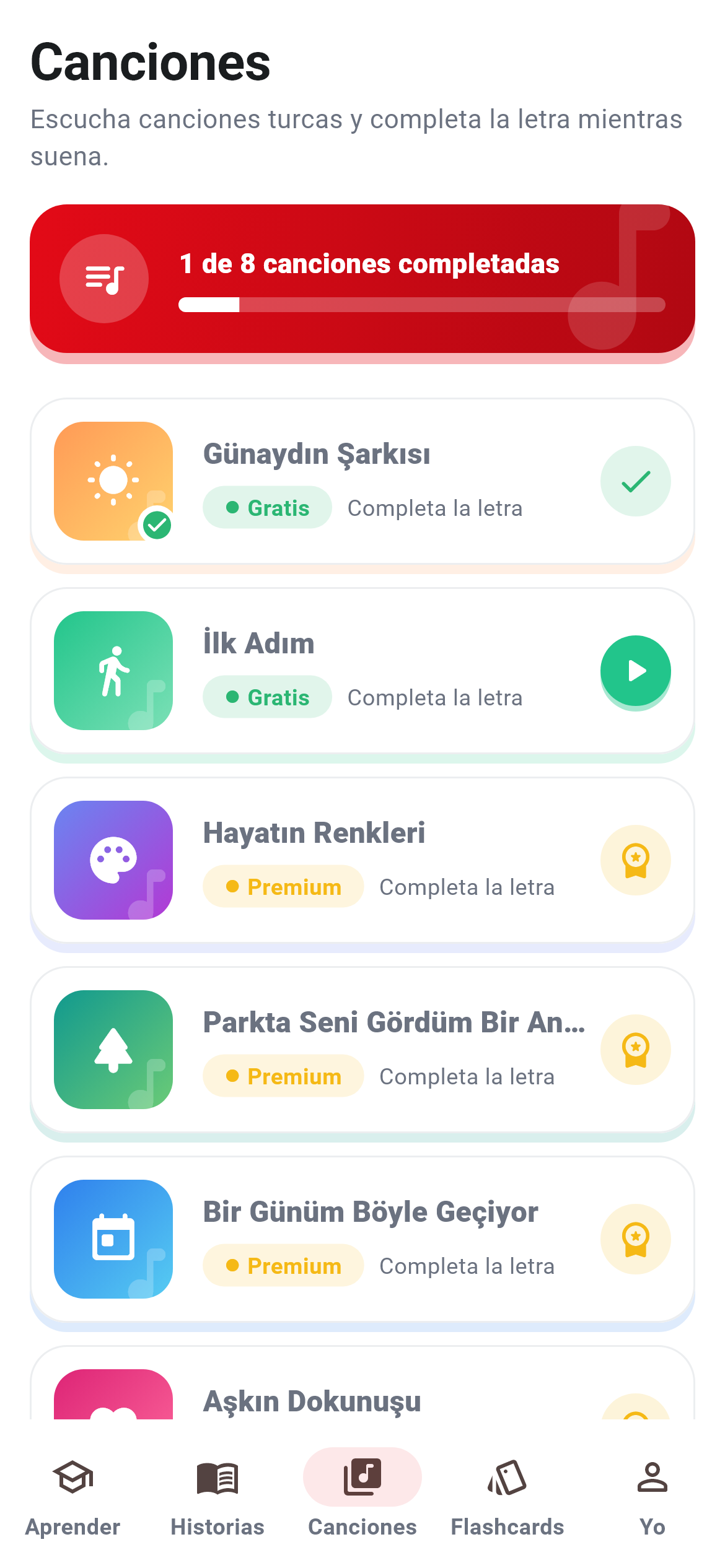 Pantalla Canciones: canta y completa la letra