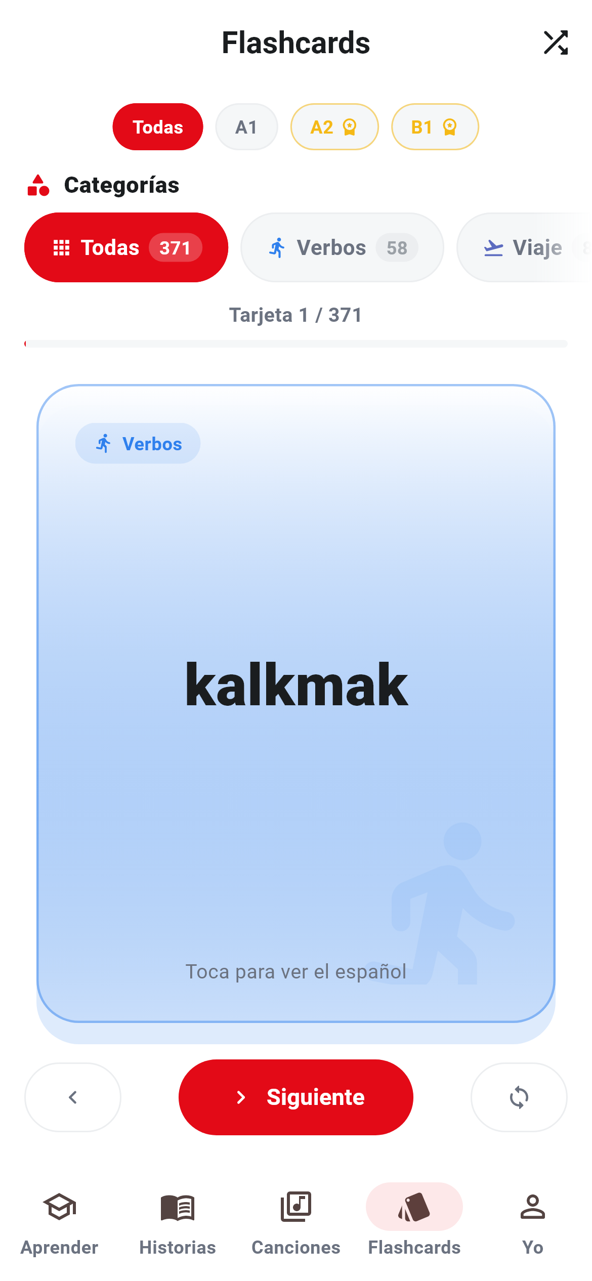 Pantalla Flashcards: tarjetas con audio por categorías
