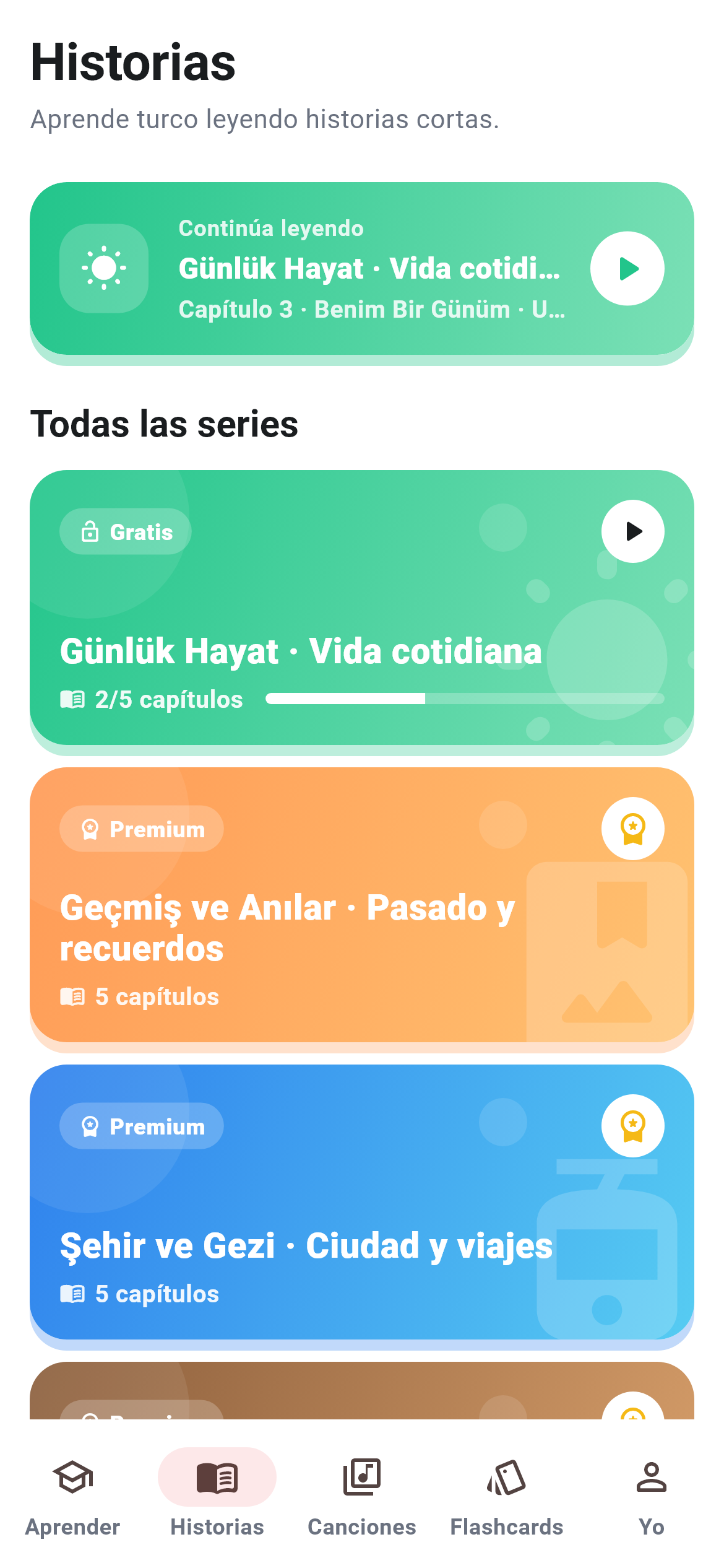 Pantalla Historias: series por capítulos